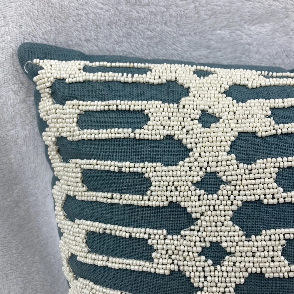 Pier 1 VTG Teal & Cream Beaded Decorative Pillow 12 x 12